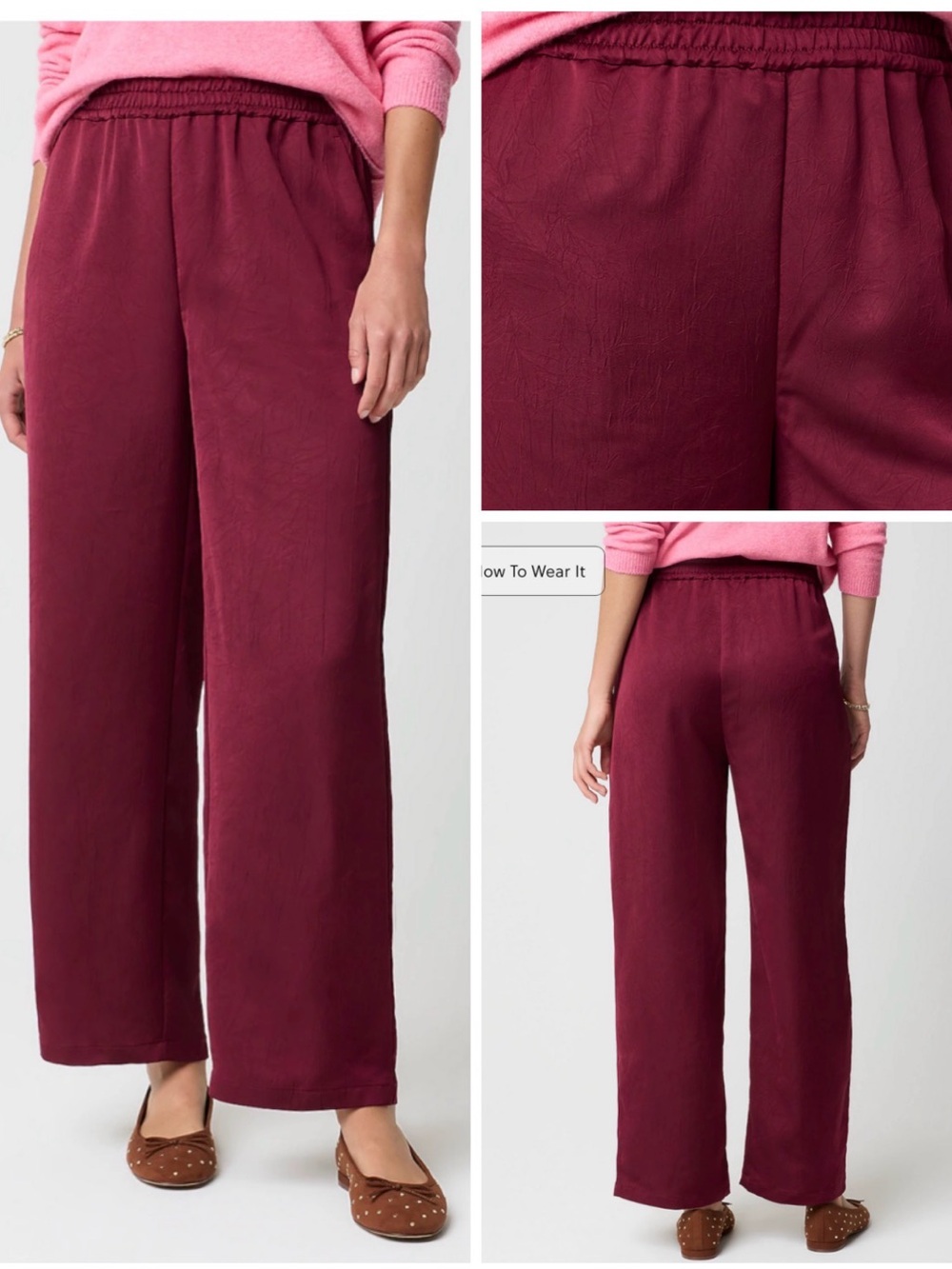 J. Crew Shiny Crinkled Wide-leg Pull-on Pants Vintage Burgundy Petite XS EUC